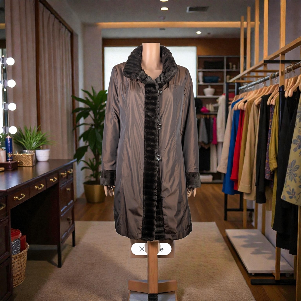 Gallery Women's Brown Taffeta Coat With Faux Fur Lining size 0X Vintage - Picture 2 of 6